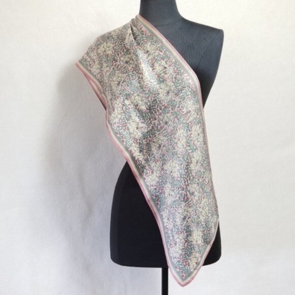 Vintage Floral Silk Scarf Long Rectangle, Pastel Garden Print - Picture 1 of 11